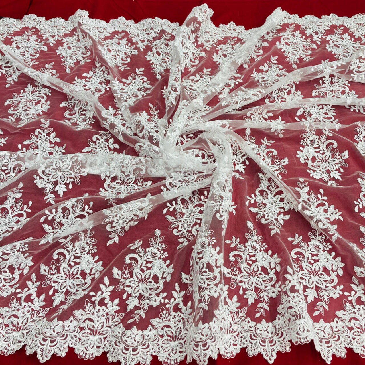1 Yard - Corded Bridal Lace Fabric Embroidered on 100% Polyester Net Mesh 54 Inches Width